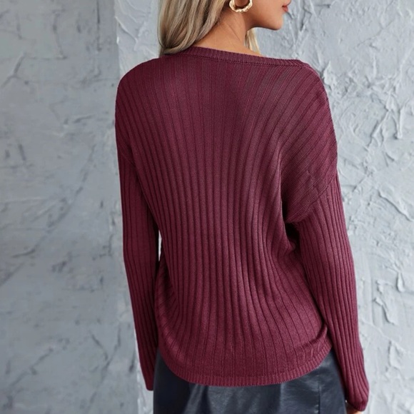 Drawstring front rib-knit solid sweater - Picture 2 of 4